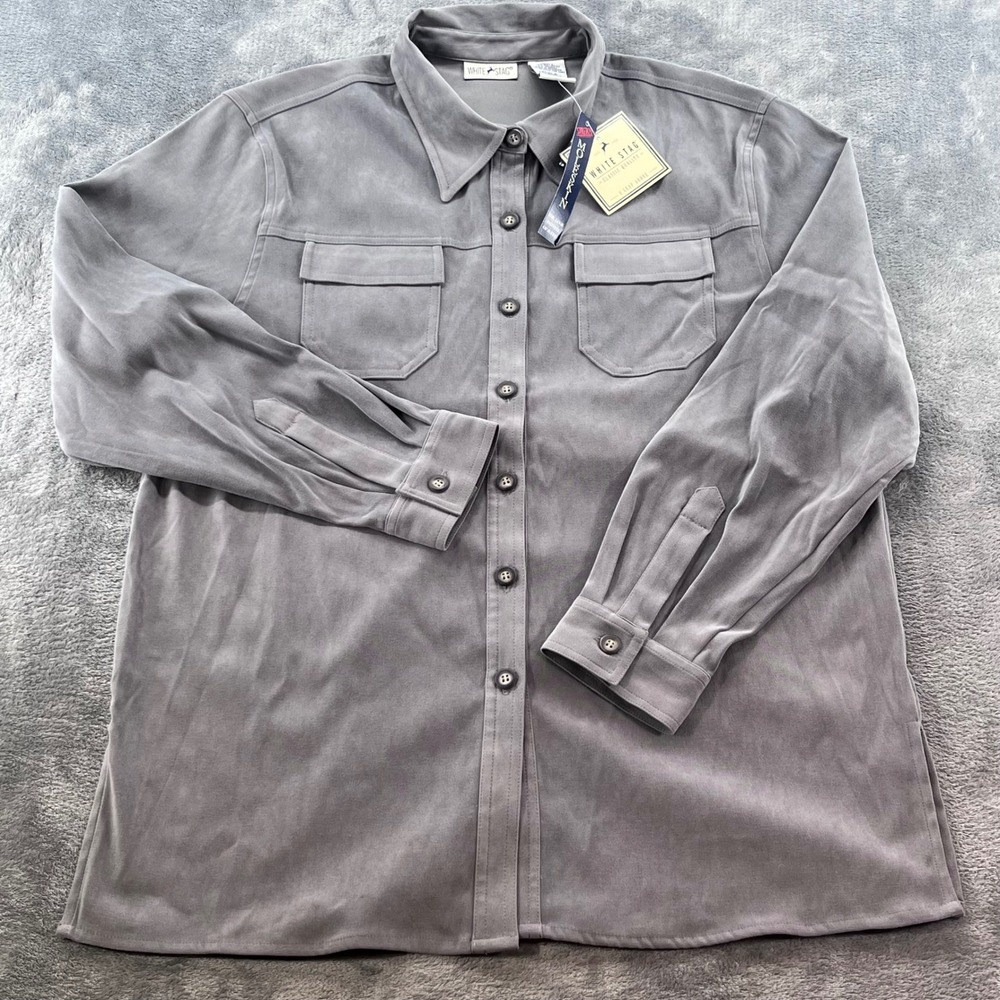 NWT White Stag Womens Grey Moleskin Stretch Suede Feel Button Down Shirt L 12/14